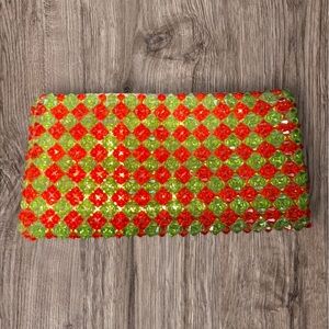 Beaded Clutch Purse Red Green Checkered Zip Pouch Vintage Style Handmade